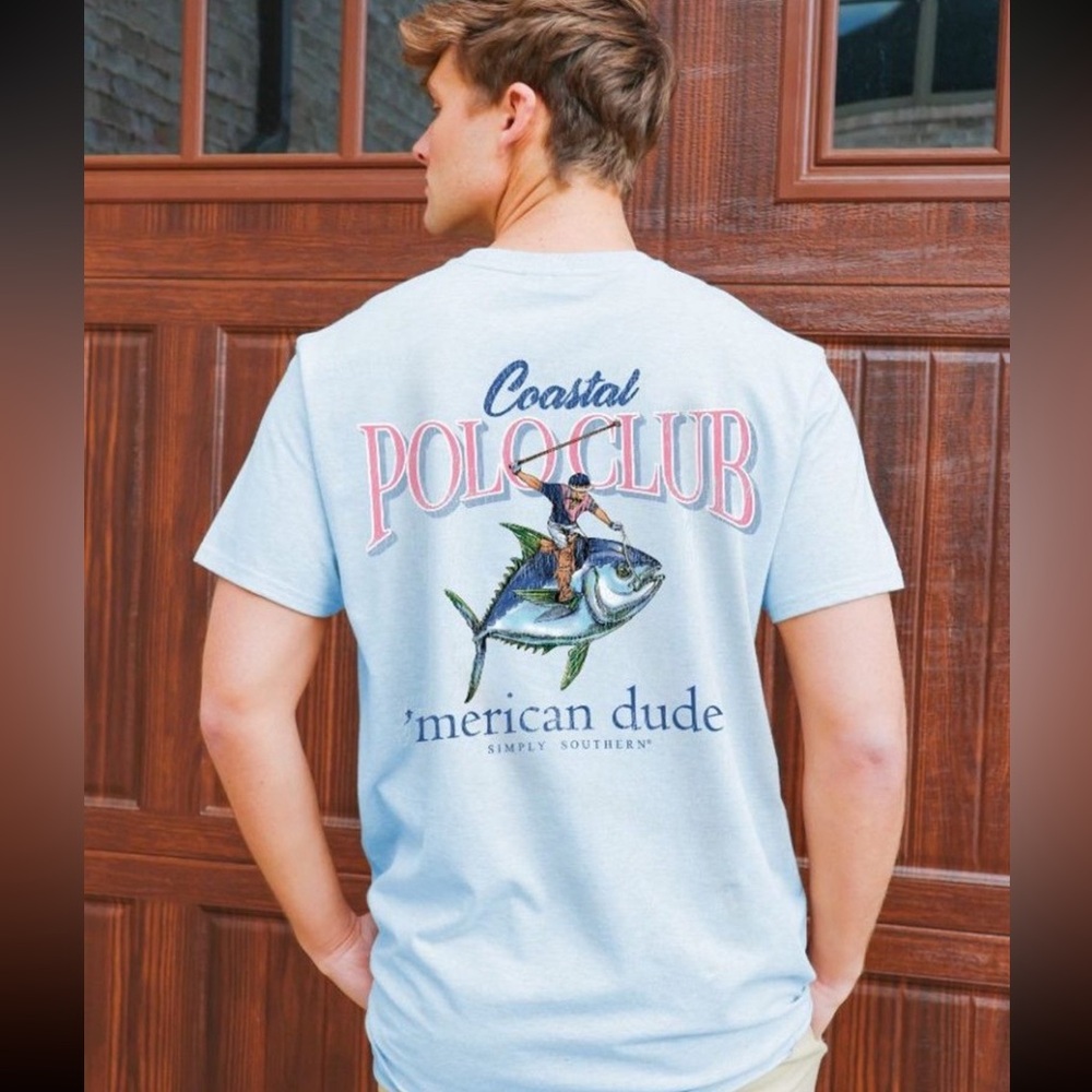SIMPLY SOUTHERN MERICAN DUDE COASTAL POLO UNISEX T-SHIRT SMALL TEE NEW FISH Mens
